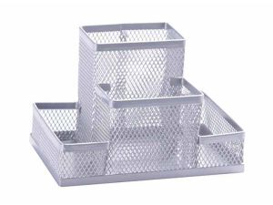 PRZYBORNIK NA BIURKO Q-CONNECT 4 KOMORY SREBRNY RUCIANY